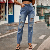 Pantalon décontracté droit en denim délavé déchiré et amincissant